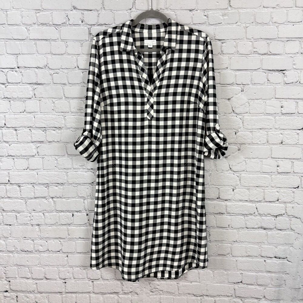 J Jill Black White Gingham Shirt Dress Tunic Rayon Roll Tab Sleeve Womens S